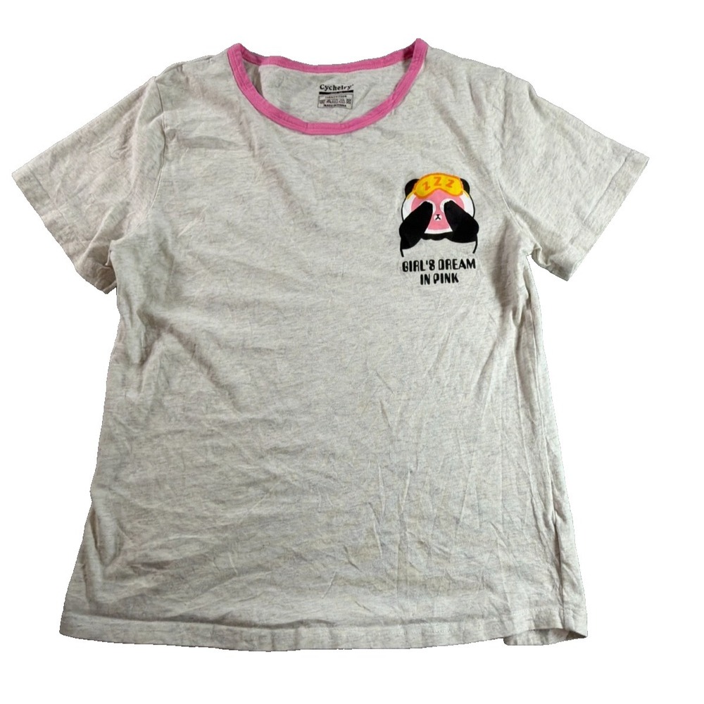Girls Panda Graphic T Shirt Cychelry Size 14 Pink Trim Cotton Short Sleeve NWT